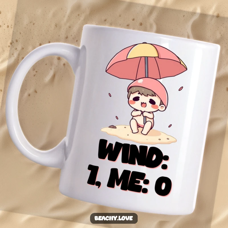 Funny mug featuring a cute kawaii character comically failing to control a beach umbrella, wind blowing wildly, summer beach scene.