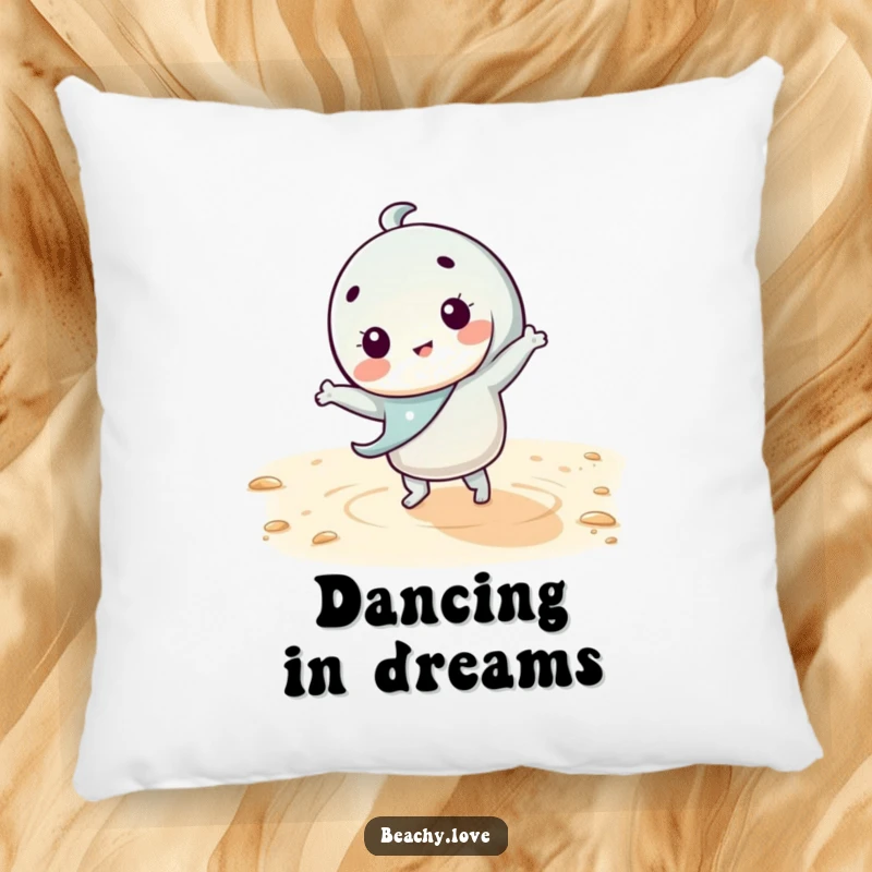 Funny kawaii character doing a silly dance on warm sand, depicted on a soft pillow, ideal for adding humorous comfort to any seating area.