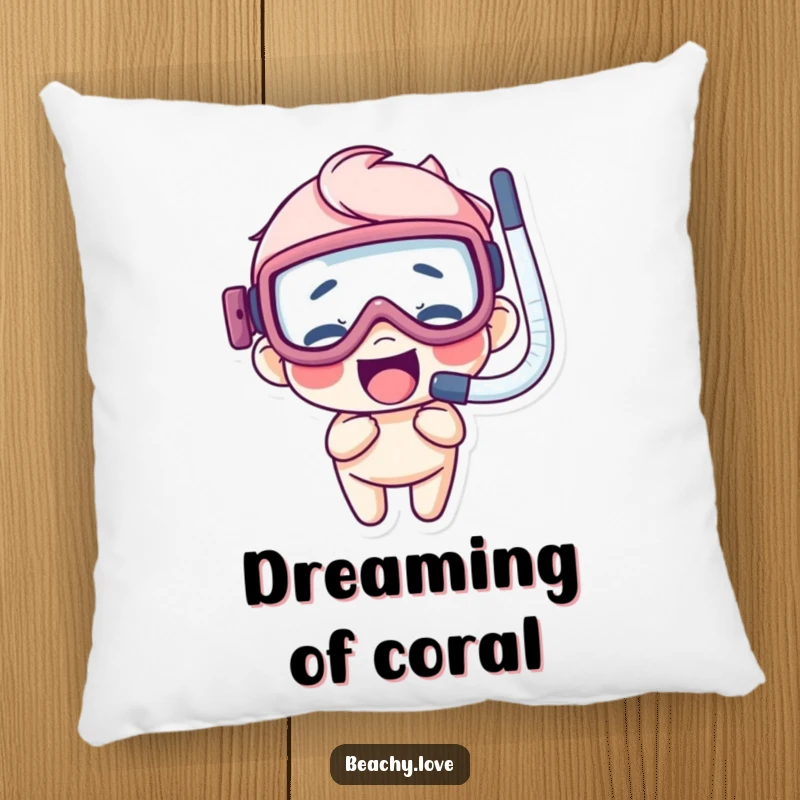 Funny pillow featuring a giggling character wearing oversized goggles and a snorkel, offering cozy underwater dreams.