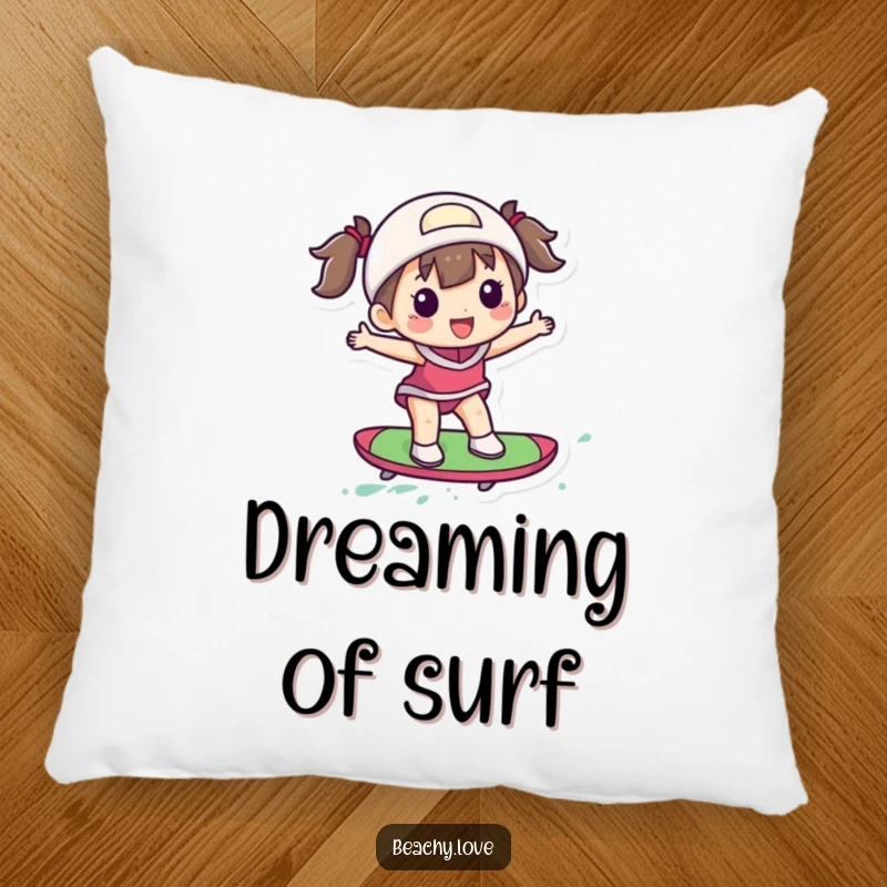 Funny pillow showing a delighted figure riding a small, colorful surfboard, adding a touch of surf-inspired humor.