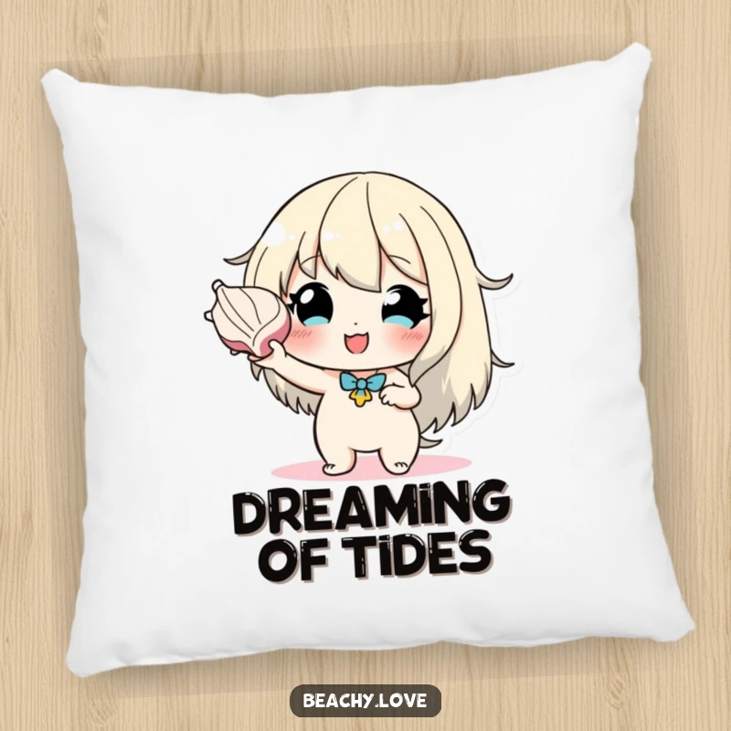 Funny pillow with a hopeful character holding a seashell to their ear, providing comfort and a calming, oceanic aesthetic.