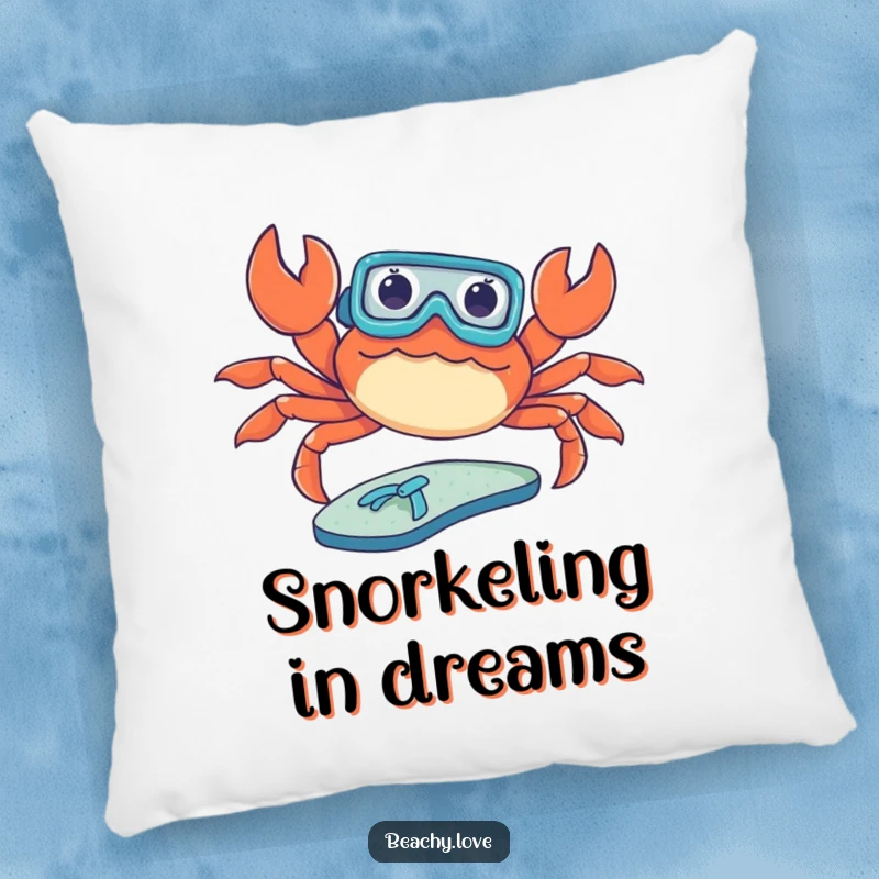 Funny pillow showing a crab wearing a tiny snorkel, sunbathing on a flip-flop. Soft, humorous decor for beach enthusiasts. Cozy and comical.