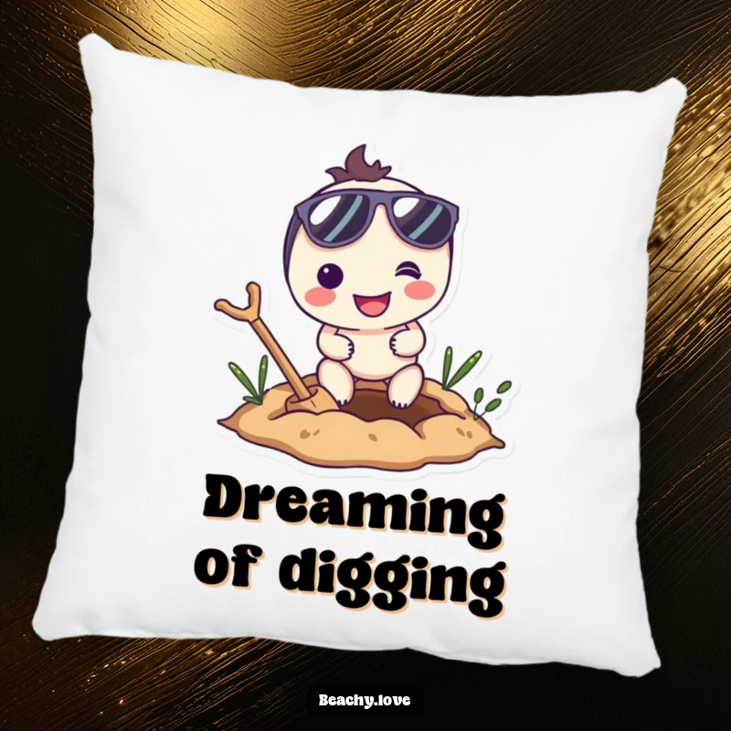 Funny pillow with a smiling character wearing sunglasses, enthusiastically digging a hole, soft and humorous decor.