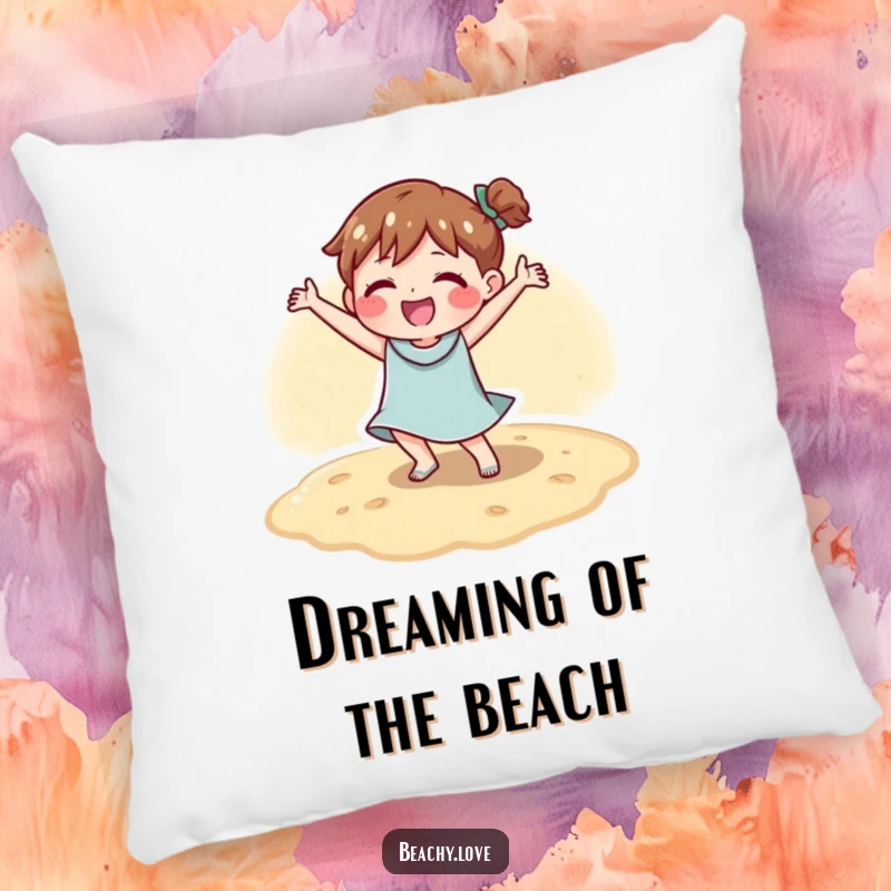 Funny pillow with a character doing a happy dance on warm sand, adding comfort and beachy humor.