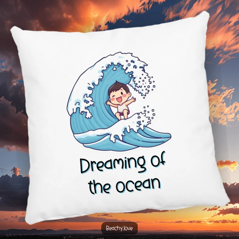 Funny pillow with a small, smiling character joyfully riding a breaking ocean wave, soft and humorous decor for sofas.