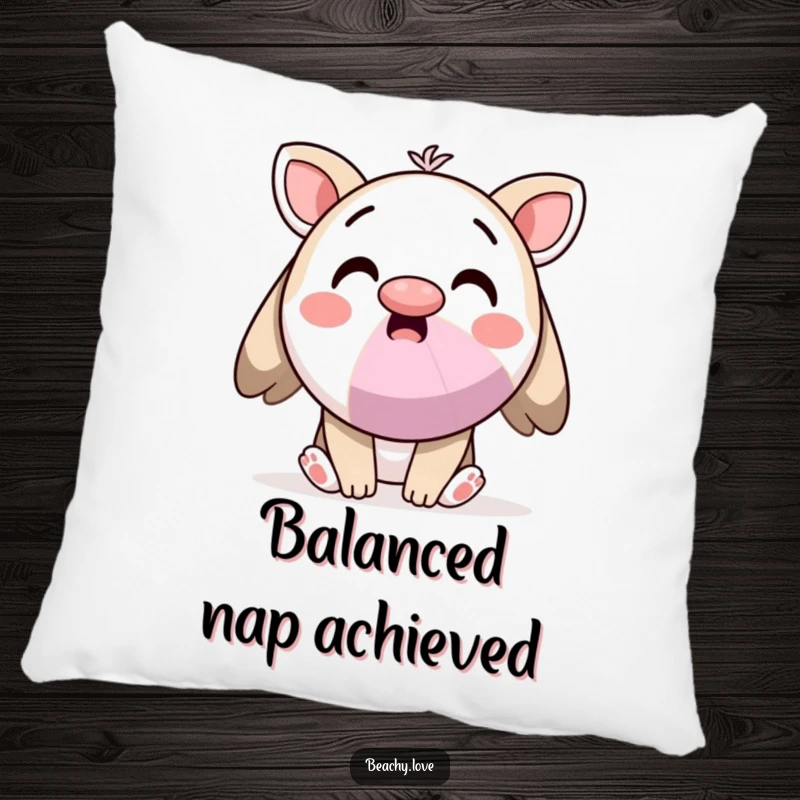 Funny pillow with a surprised kawaii character balancing a beach ball on its nose, perfect for cozy moments.