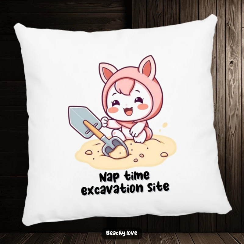 Funny pillow with a kawaii character joyfully digging in the sand with a shovel, offering comfort and smiles.