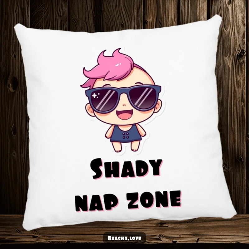Funny pillow with a happy character sporting oversized sunglasses and a big, cheerful smile, adding a fun accent.
