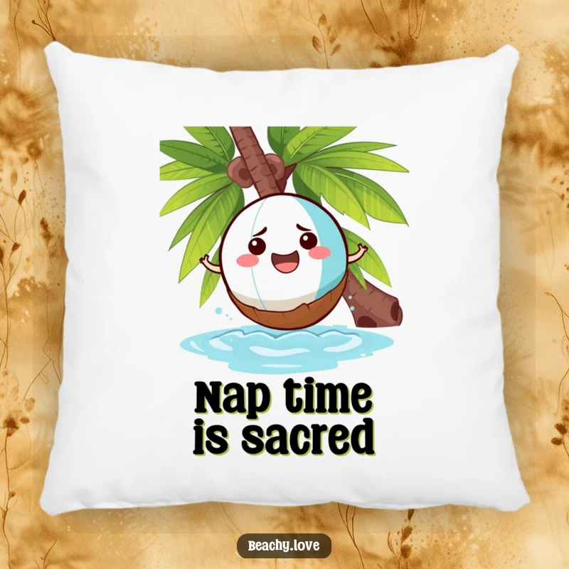 Funny pillow featuring a cheerful beach ball comically bouncing off a grumpy coconut, perfect for comfortable and humorous decor.