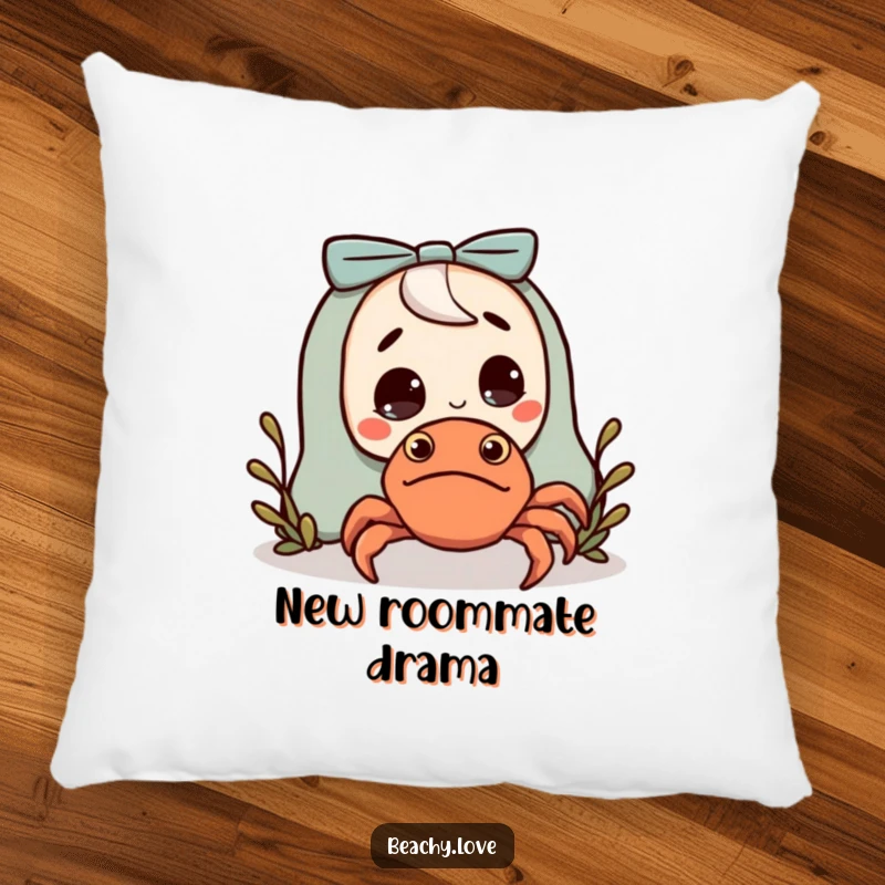 Funny pillow with a character's surprised face next to a tiny, friendly hermit crab, creating cozy humor.