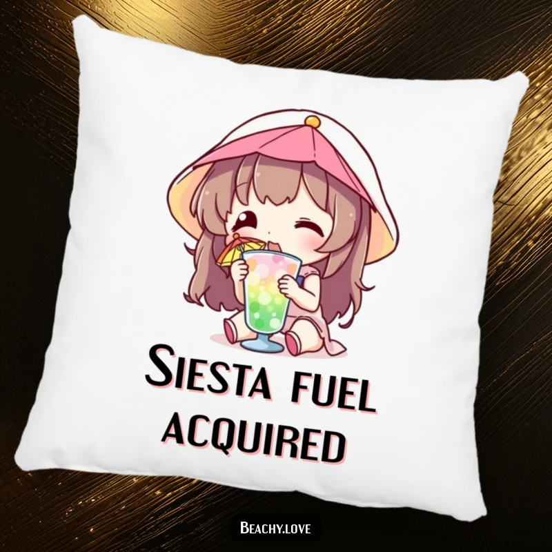 Funny pillow with a character sipping a small, colorful umbrella drink, adding soft, humorous tropical charm.