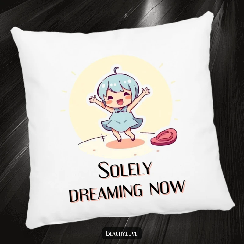 Funny pillow featuring a cheerful character dancing around a flip-flop. Soft and humorous home decor.