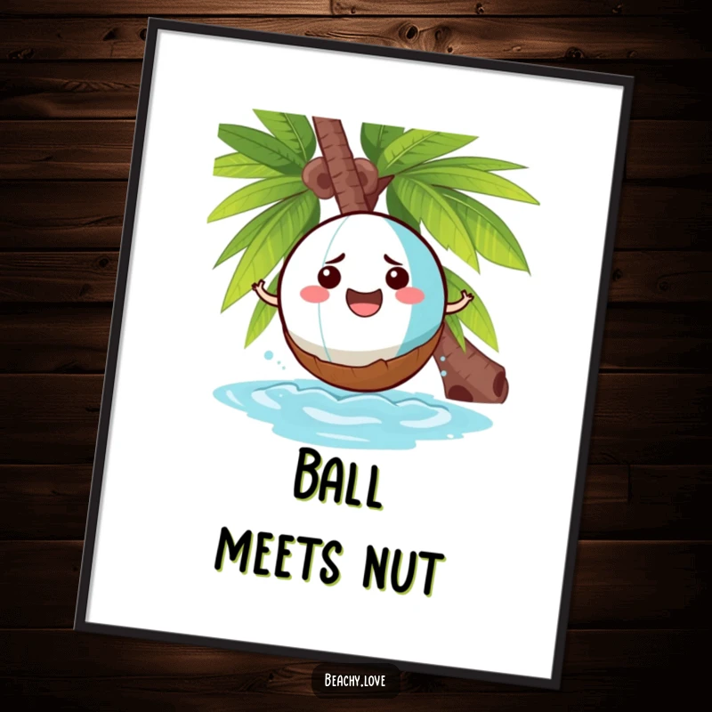 Funny digital art print of a cheerful beach ball comically bouncing off a grumpy coconut, ideal for printable tropical decor.
