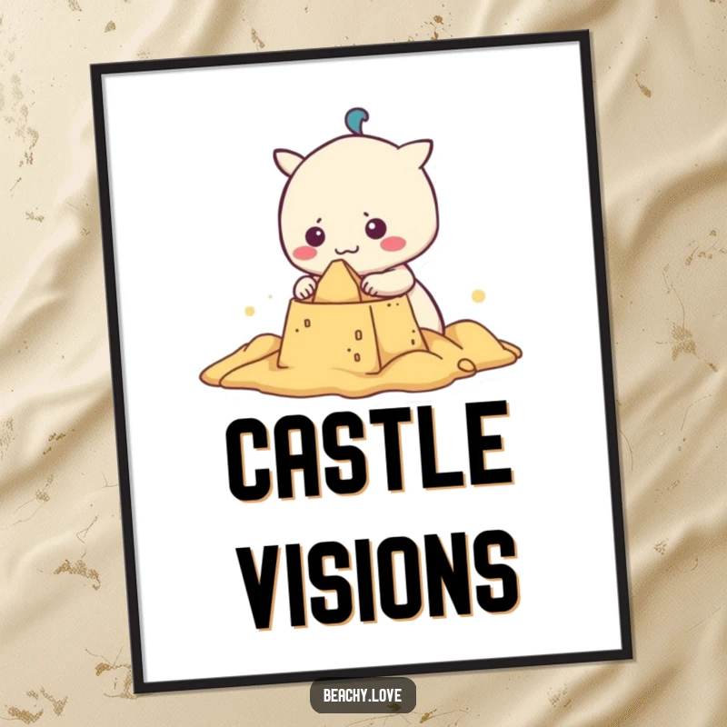 Funny kawaii character with a determined grin building a sandcastle, offered as a high-resolution digital art print for instant humorous decor.