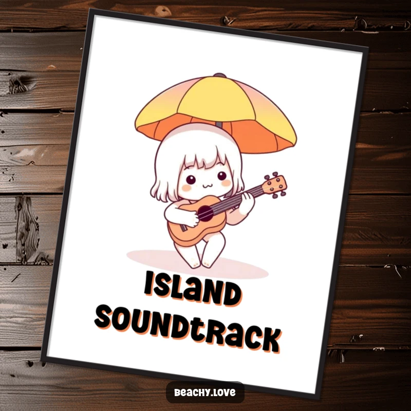 Funny digital art print of a charming character playing a ukulele under a beach umbrella, evoking a sense of musical joy and vacation fun.