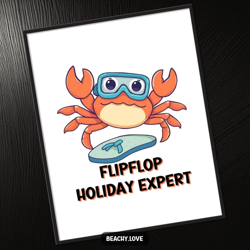 Funny digital art print of a crab wearing a tiny snorkel, sunbathing on a flip-flop. Whimsical beach art for humor lovers. Instant download.