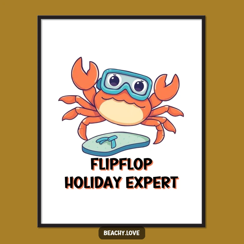 Funny Crab Digital Art Print - Snorkel Vacation, Whimsical Beach Decor