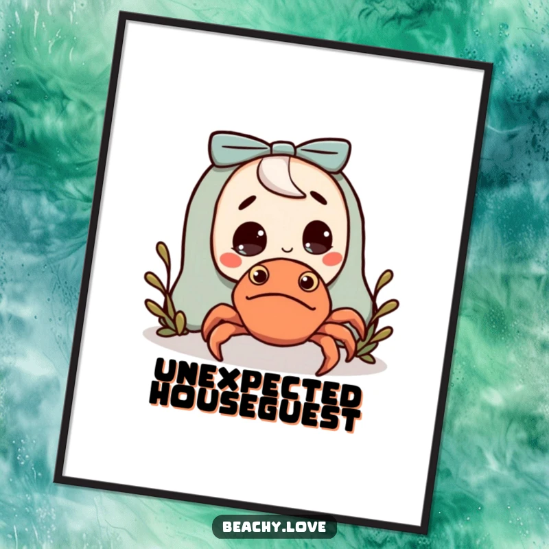 Funny digital art print of a character surprised by a small, friendly hermit crab, for instant humorous decor.