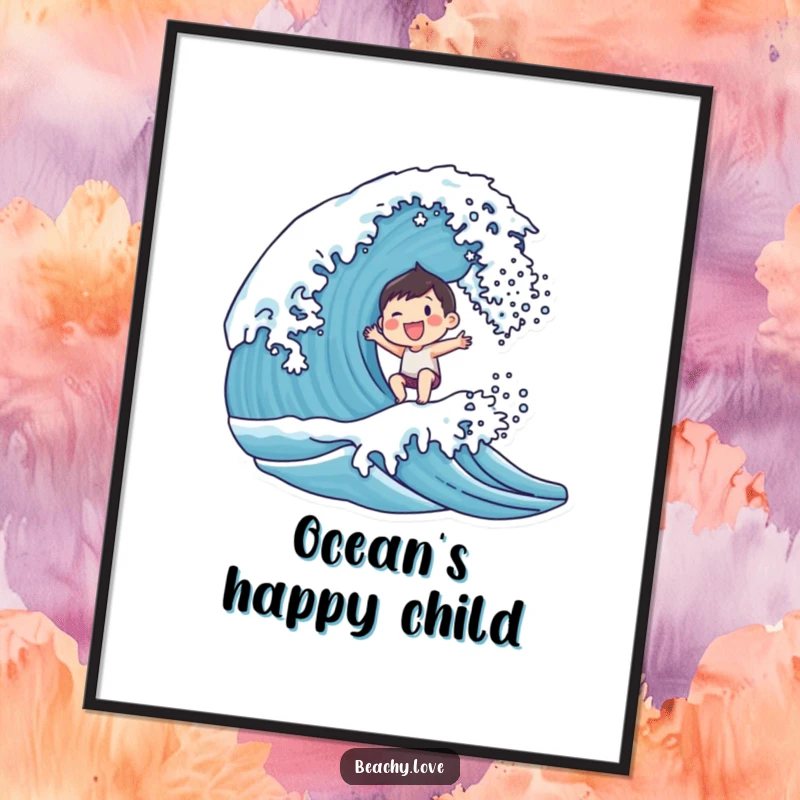 Funny digital art print of a small, smiling character joyfully surfing a breaking wave, printable wall decor for surf lovers.