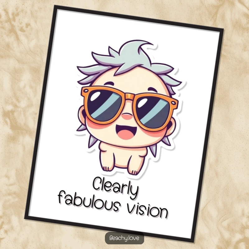 Funny digital art print of a smiling kawaii character wearing oversized sunglasses, embodying ultimate cool.