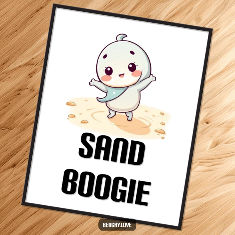 Funny kawaii character doing a silly, energetic dance on warm sand, offered as a high-resolution digital art print for instant humorous decor.