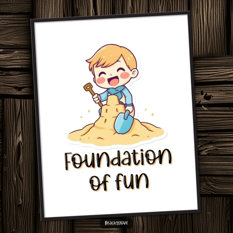 Funny digital art print of a tiny character gleefully building a sandcastle with a tiny shovel, perfect for beach-themed rooms and humorous decor.