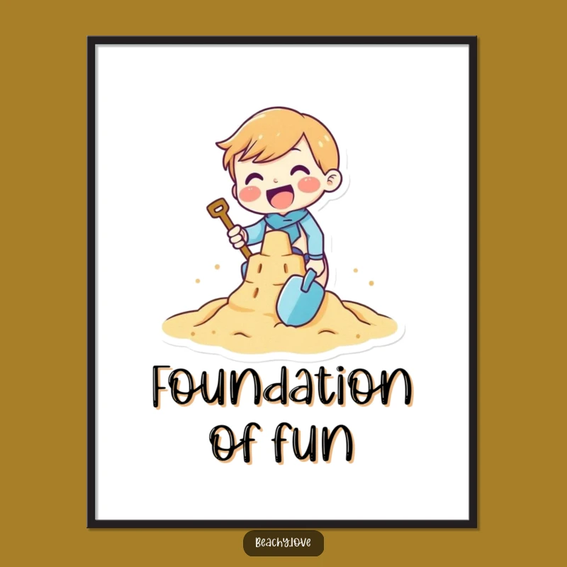 Funny Sandcastle Builder Digital Art: Tiny Character Beach Decor, Instant Funny Gift Download