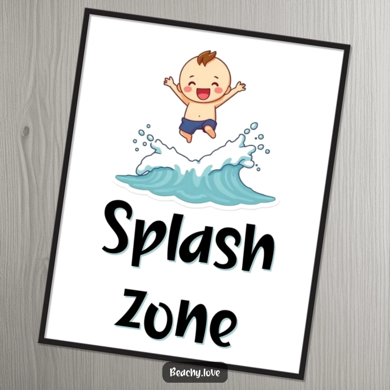 Funny digital art print of a cheerful figure mid-jump over small waves, capturing a spectacular, fun splash effect.