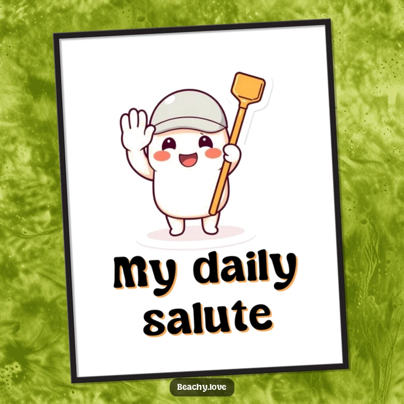 Funny digital art print of a beaming character saluting with a tiny toy shovel, symbolizing cheerful dedication.