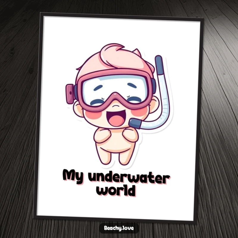 Funny digital art print of a giggling character wearing oversized goggles and a snorkel, ready for underwater exploration.