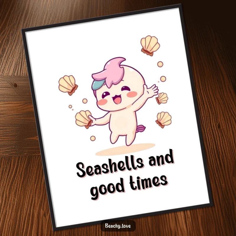 Funny digital art print of a delighted kawaii character juggling seashells, evoking playful skill and joy.