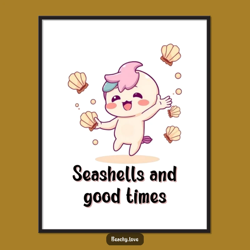 Funny Kawaii Juggler Art Print: Delighted Seashell Character for Wall Decor Gift