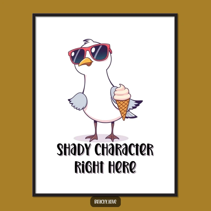 Funny Seagull Digital Art Print - Ice Cream Bandit, Whimsical Beach Decor