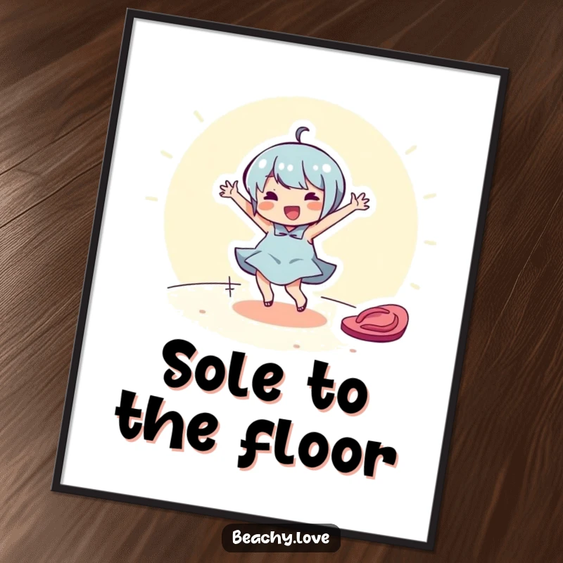 Funny digital art print of a cheerful character dancing around a flip-flop. Instant joyful decor.