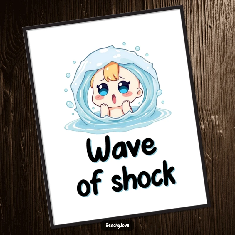Funny digital art print of a surprised character playfully splashed by a water wave. Instant humorous decor.