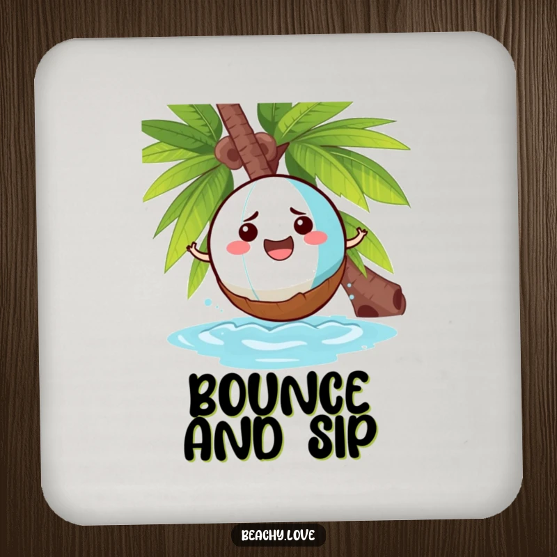 Funny drink coaster featuring a cheerful beach ball comically bouncing off a grumpy coconut, adding humorous tropical decor.