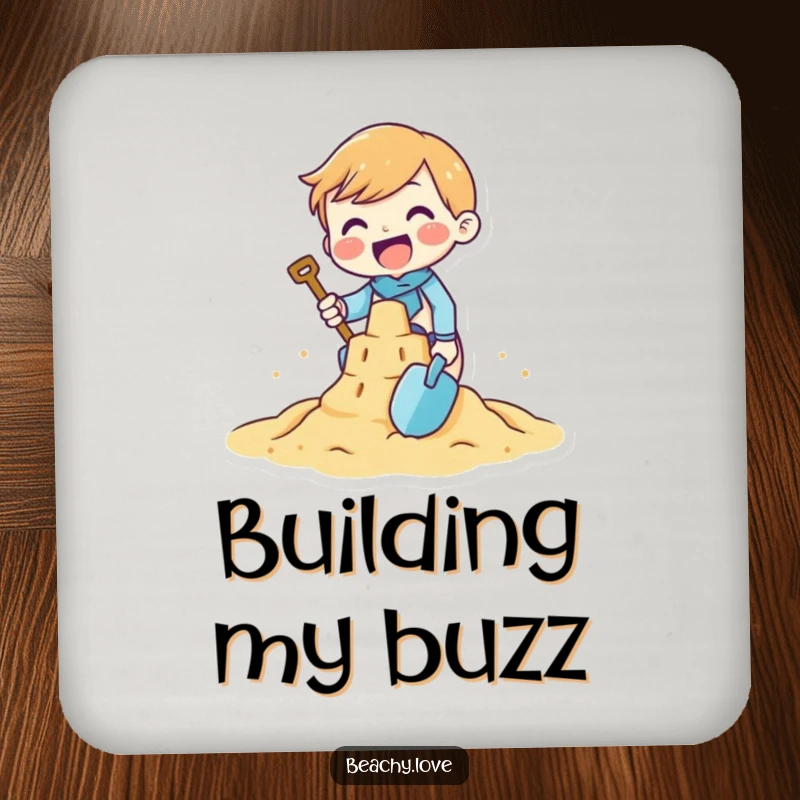 Funny drink coaster with a tiny character gleefully building a sandcastle with a small shovel, protecting surfaces with beachy charm and humor.