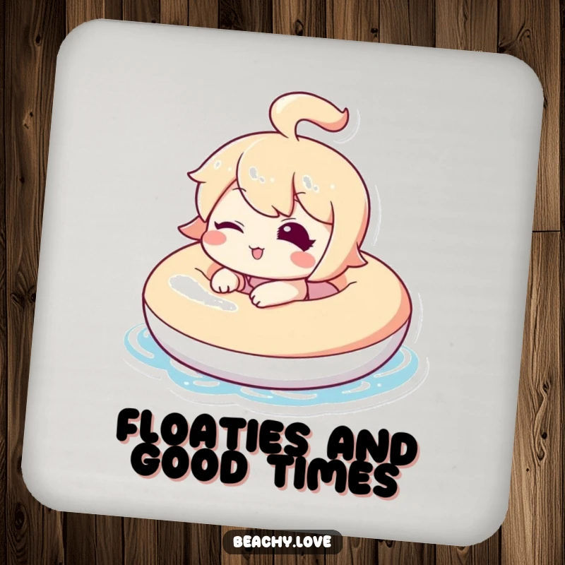 Funny drink coaster featuring a kawaii character winking from an inflatable, protecting surfaces with a charming and humorous design.