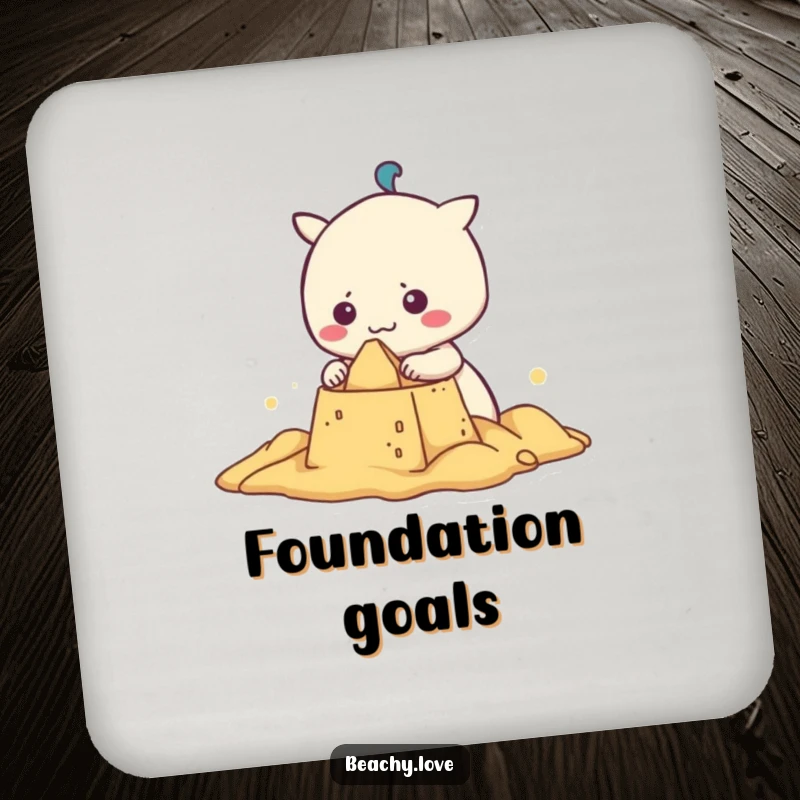 Funny kawaii character building a sandcastle, printed on protective drink coasters, adding a touch of beach humor to any surface.