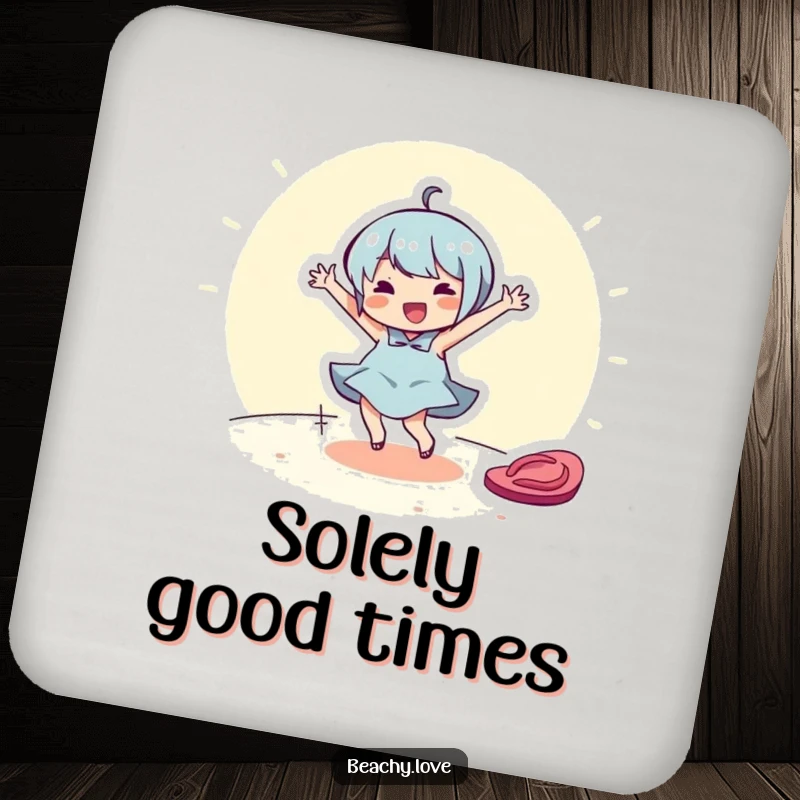 Funny drink coaster featuring a cheerful character dancing around a flip-flop. Humorous table protection.