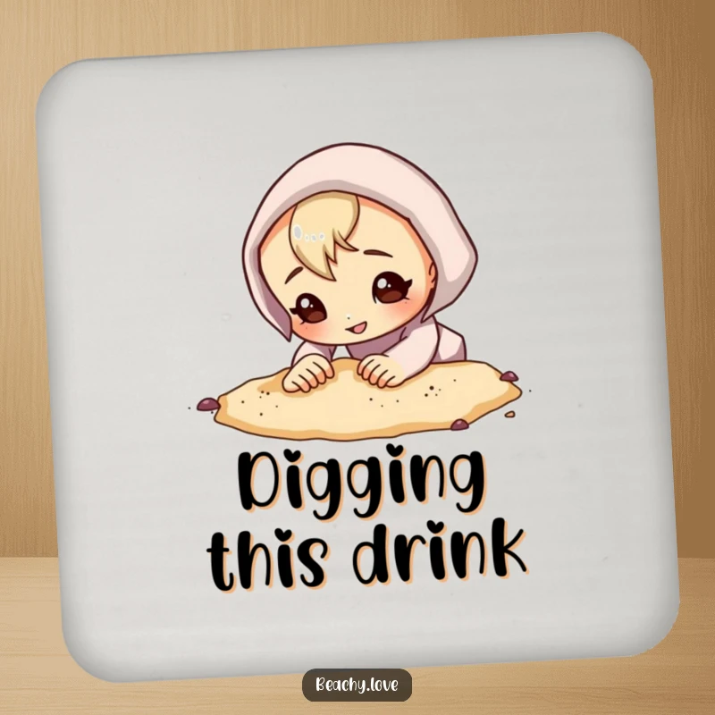 Funny drink coaster featuring a curious character digging in the sand with a determined grin, bringing a touch of adventurous humor to any surface.