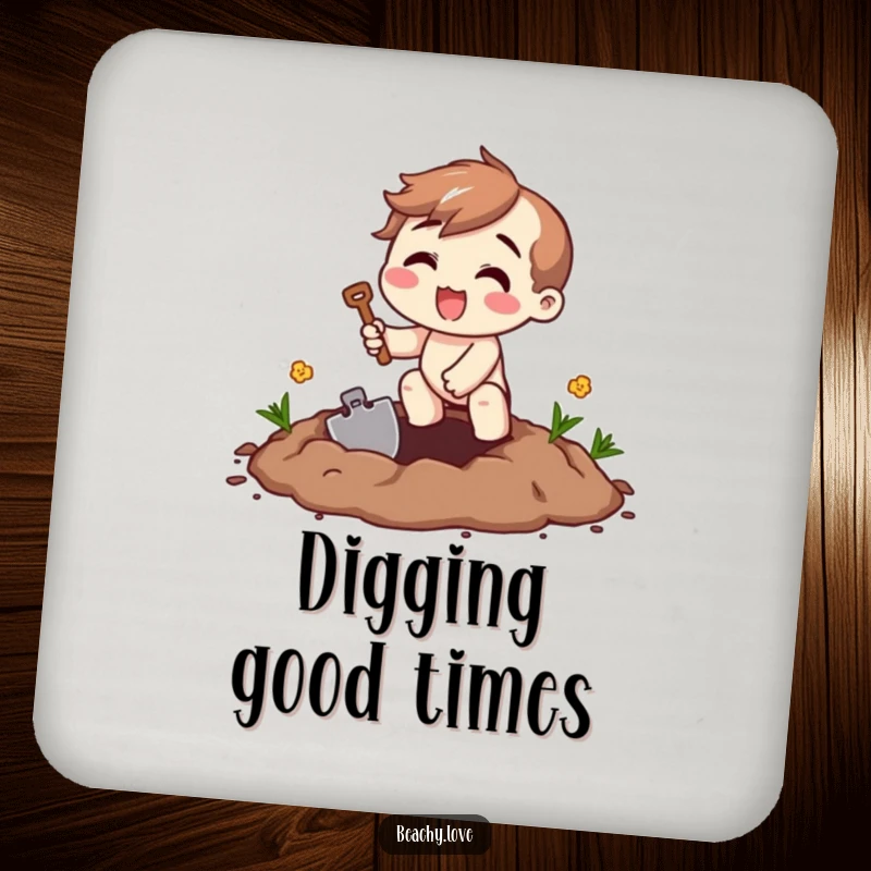 Funny digging excitement drink coasters showcasing a beaming character digging with a small shovel, perfect for adding humor to gatherings.
