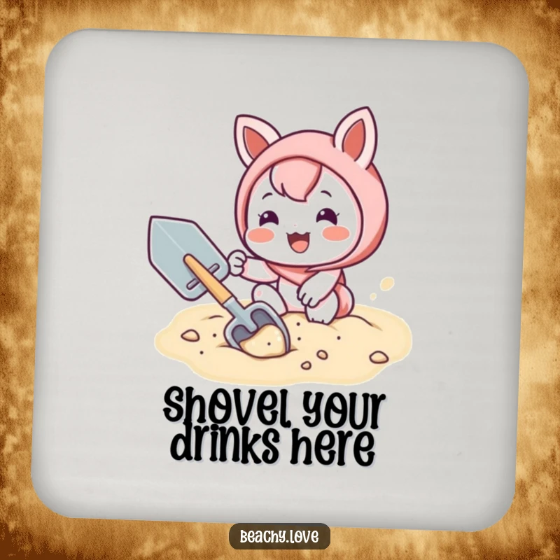 Funny drink coaster with a kawaii character joyfully digging in sand with a shovel, adding charm to any surface.