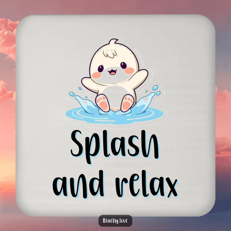 Funny kawaii character playfully splashing water with their feet, printed on protective drink coasters, adding a touch of beachy humor.