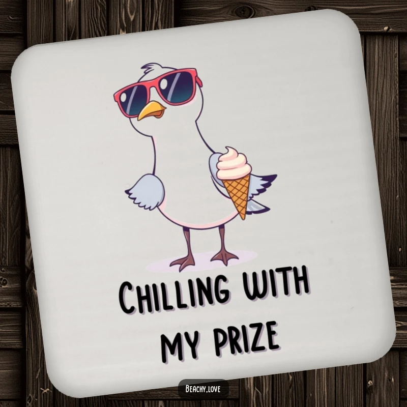 Funny drink coaster with a seagull wearing oversized sunglasses trying to steal a tiny ice cream cone. Humorous beach-themed table protection. Small but funny.