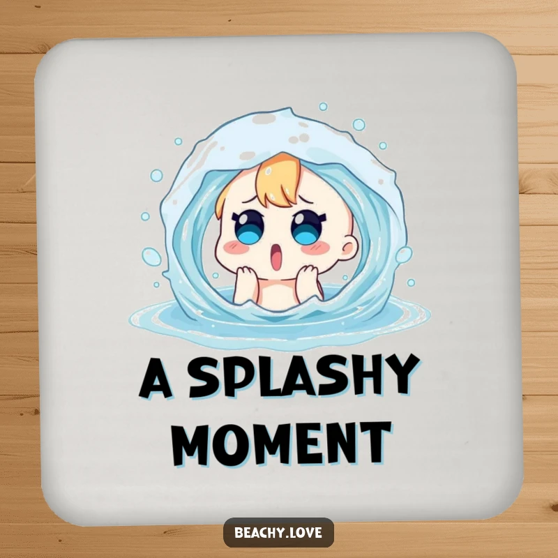 Funny drink coaster featuring a surprised cartoon character playfully splashed by a water wave. Humorous table protection.
