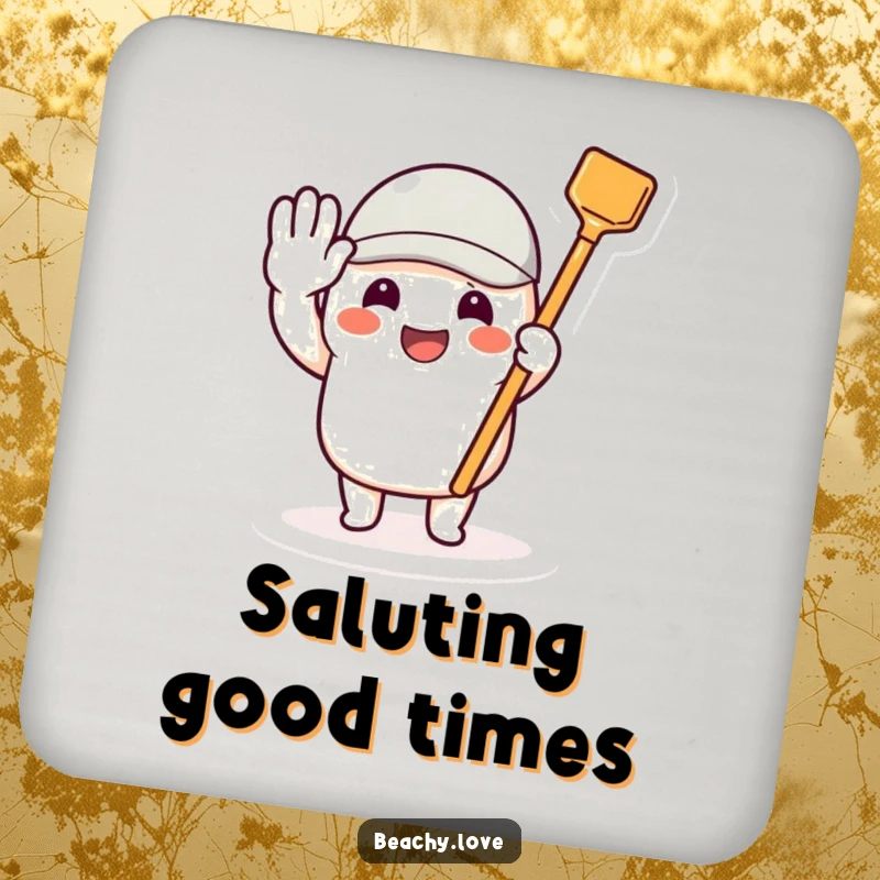 Funny drink coaster with a beaming character saluting with a tiny toy shovel, adding a cheerful touch.