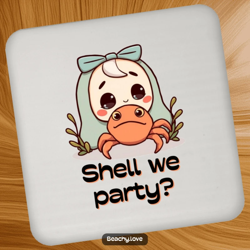 Funny drink coaster showing a character surprised by a small, friendly hermit crab, protecting surfaces with humor.