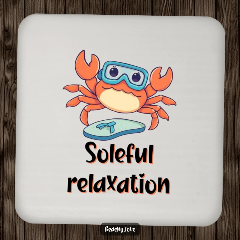 Funny drink coaster with a crab wearing a tiny snorkel, sunbathing on a flip-flop. Humorous beach-themed table protection. Small but funny.