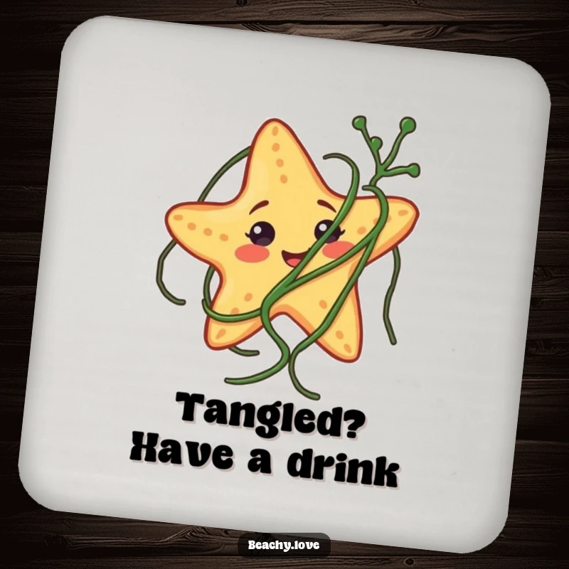 Funny drink coaster featuring a smiling starfish comically tangled in seaweed, adding humorous beach decor to any table.